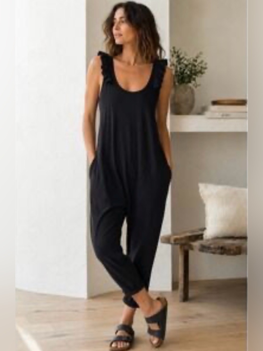 Smash + Tess Black Ruffle Shoulder Romper Jumpsuit Size S Bamboo Cotton Blend